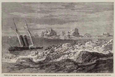 Wrack des Jersey Mail Dampfpakets Express auf den Grunes Houillieres, an der Südwestküste von Jersey